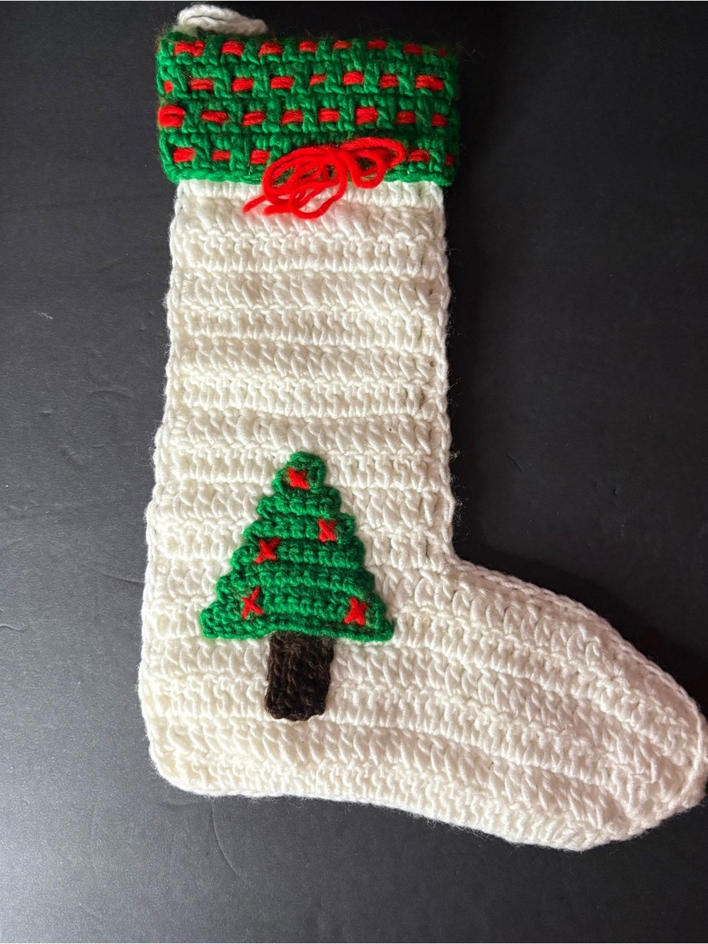 Vintage Hand Crochet White Christmas Stocking Green  Cuff & Tree Accents 14”